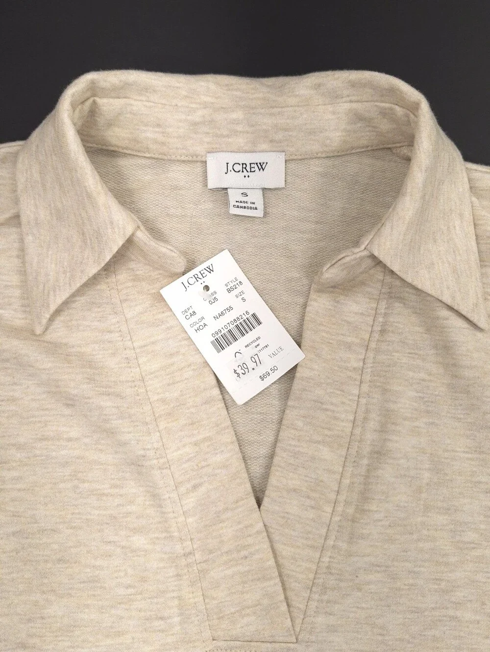 J.Crew Factory Womens Long Sleeve Top Collared V-Neck Pullover Heather Oat Small